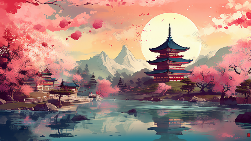 唯美榫卯古亭漫天飞花映水月手绘插画,插画/手绘图,插画/手绘图库,插画/手绘图下载,插画/手绘